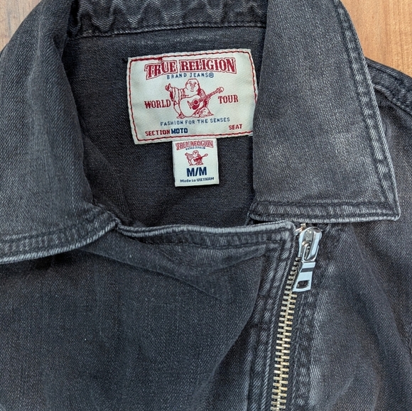 True Religion Moto Denim Jacket Asymmetrical Zip Up Black Wash Women's Medium - Picture 4 of 6